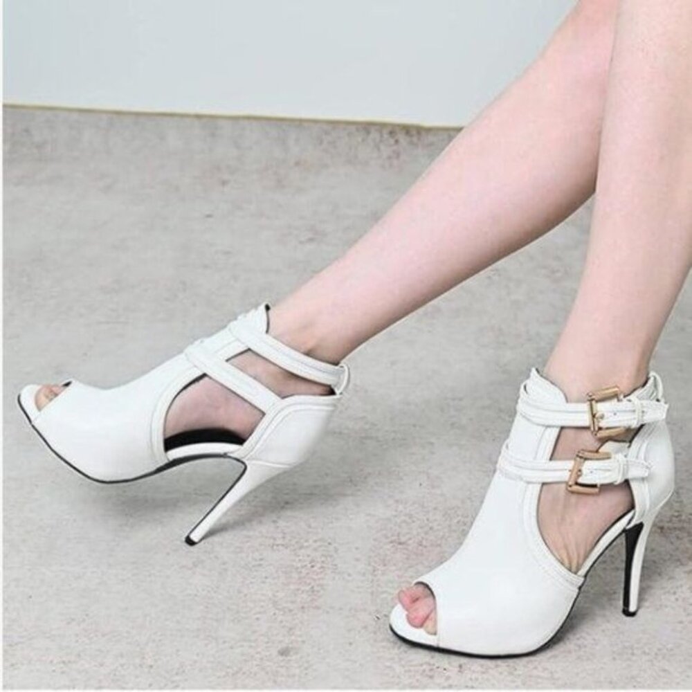 XYD White Peep Toe Ankle Bootie High Heels Buckled Double Straps Cutout Shoes